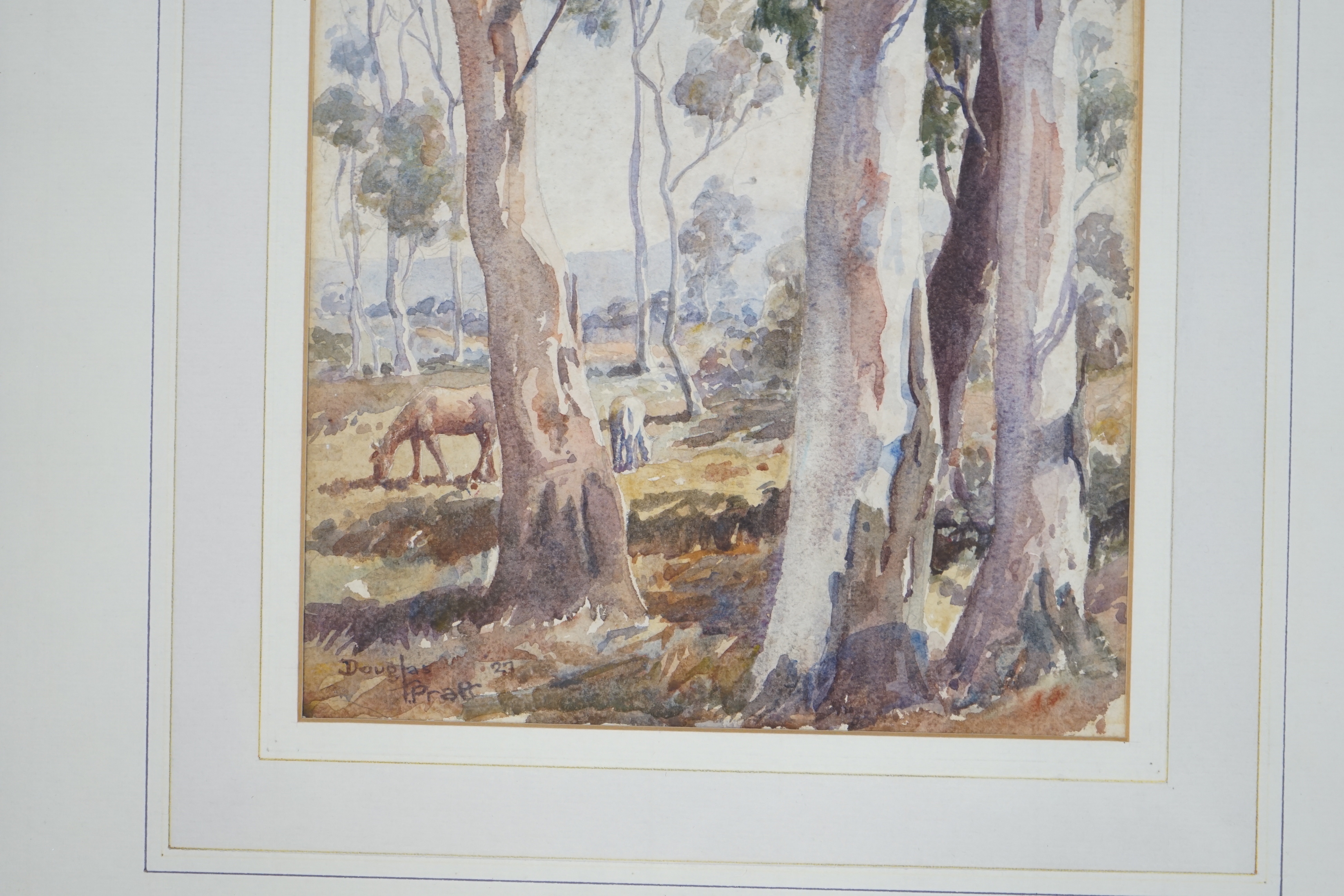 Douglas Pratt (Australian, 1900-1972), watercolour, Woodland landscape with horses, signed and dated '37, 26 x 21cm